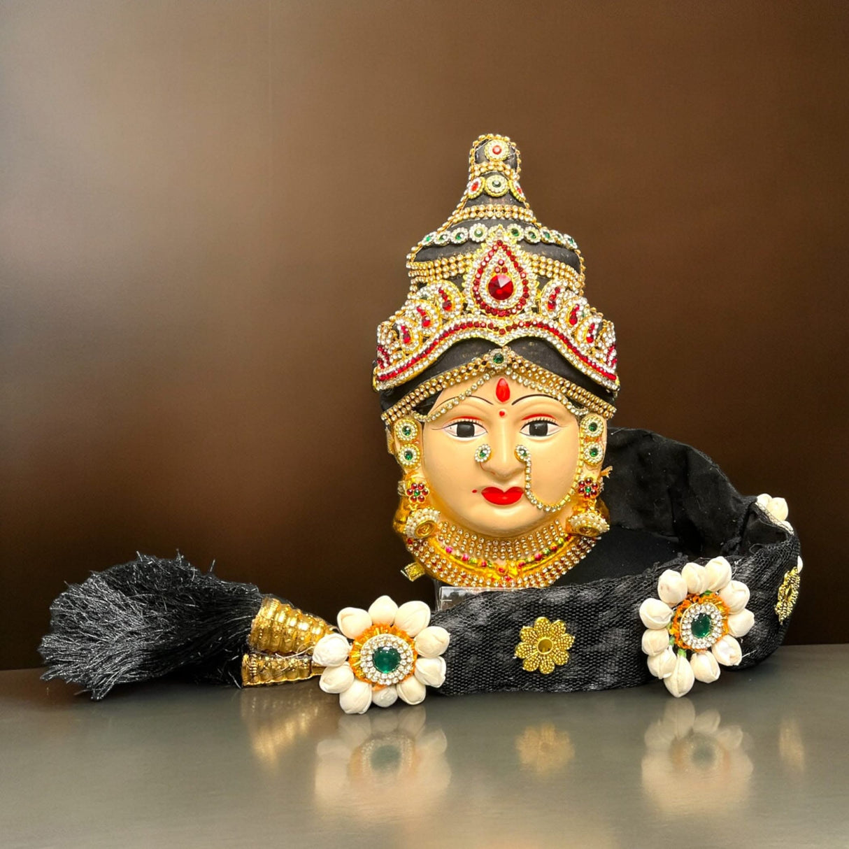 Vara Lakshmi Goddess Face with Hair Set for Varalaxmi Vratam Navaratri Margashirsha Vratha Pooja Hindu Religious Temple Mandir - Devi Mata Mukhota Mahalaxmi Goddess Face - LoveNspire