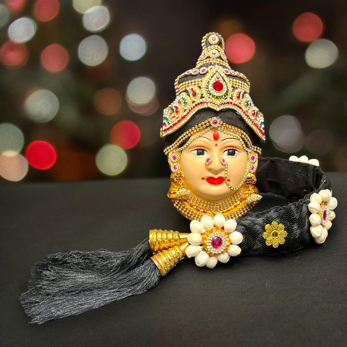 Vara Lakshmi Goddess Face with Hair Set for Varalaxmi Vratam Navaratri Margashirsha Vratha Pooja Hindu Religious Temple Mandir - Devi Mata Mukhota Mahalaxmi Goddess Face - LoveNspire