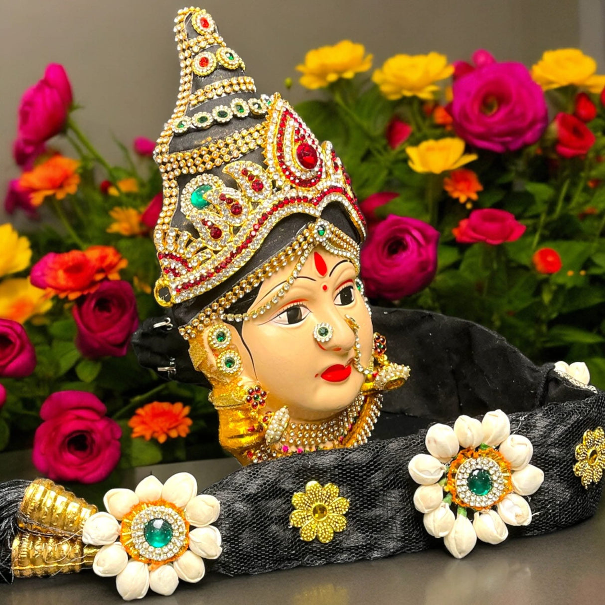 Vara Lakshmi Goddess Face with Hair Set for Varalaxmi Vratam Navaratri Margashirsha Vratha Pooja Hindu Religious Temple Mandir - Devi Mata Mukhota Mahalaxmi Goddess Face - LoveNspire