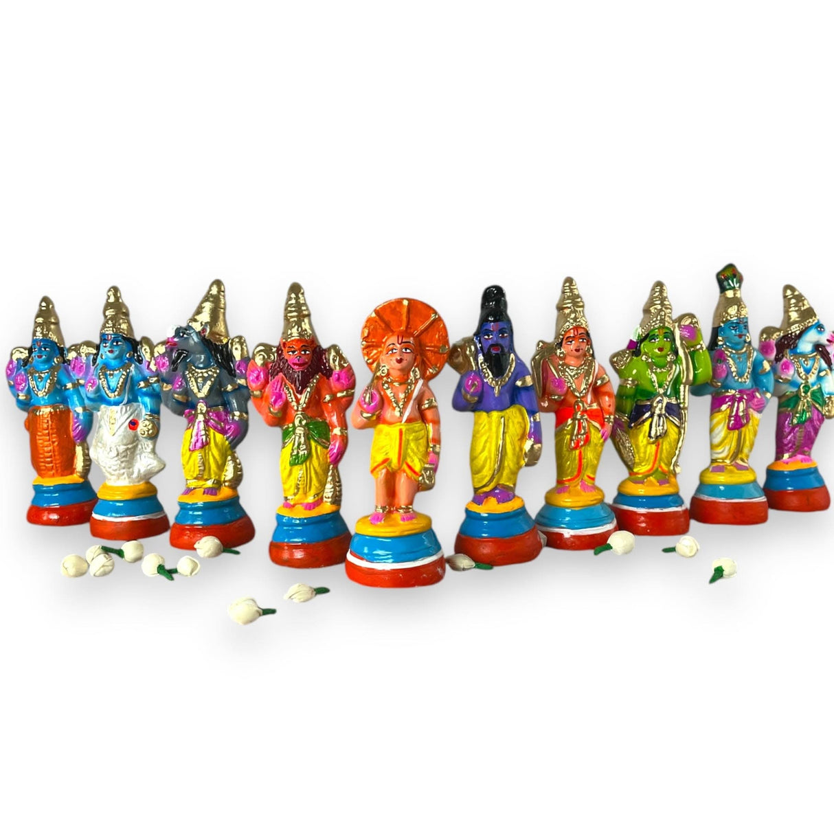 Colorful Hindu deity figurines from Lord Vishnu Dasavathaaram Statue Golu Doll Set