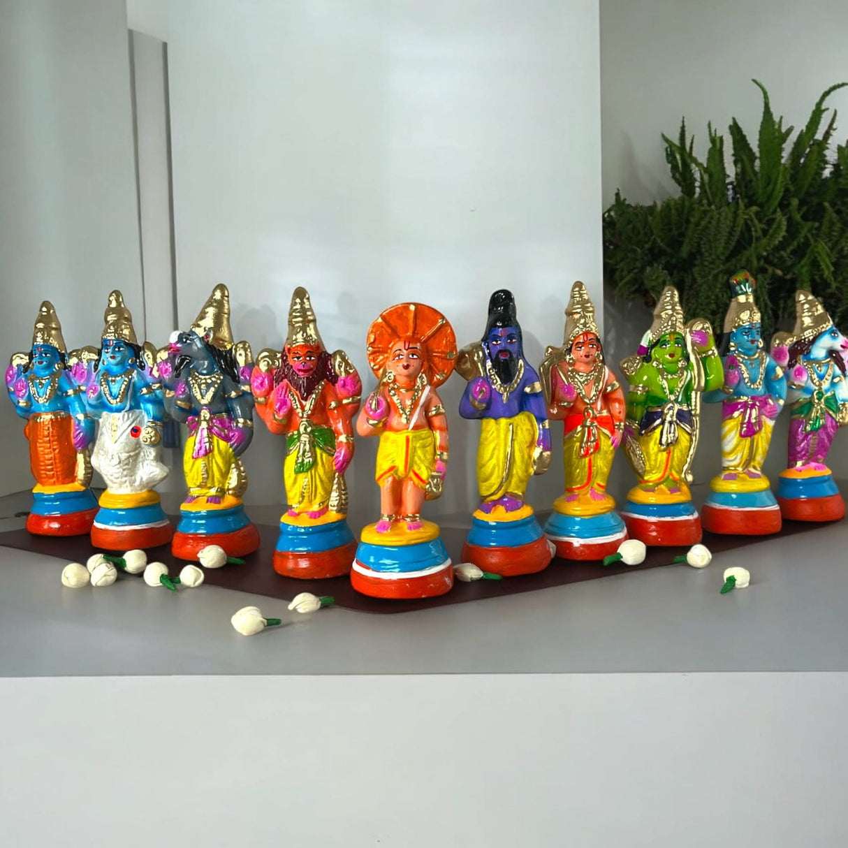 Colorful Hindu deity figurines from Lord Vishnu Dasavathaaram Statue Golu Doll Set