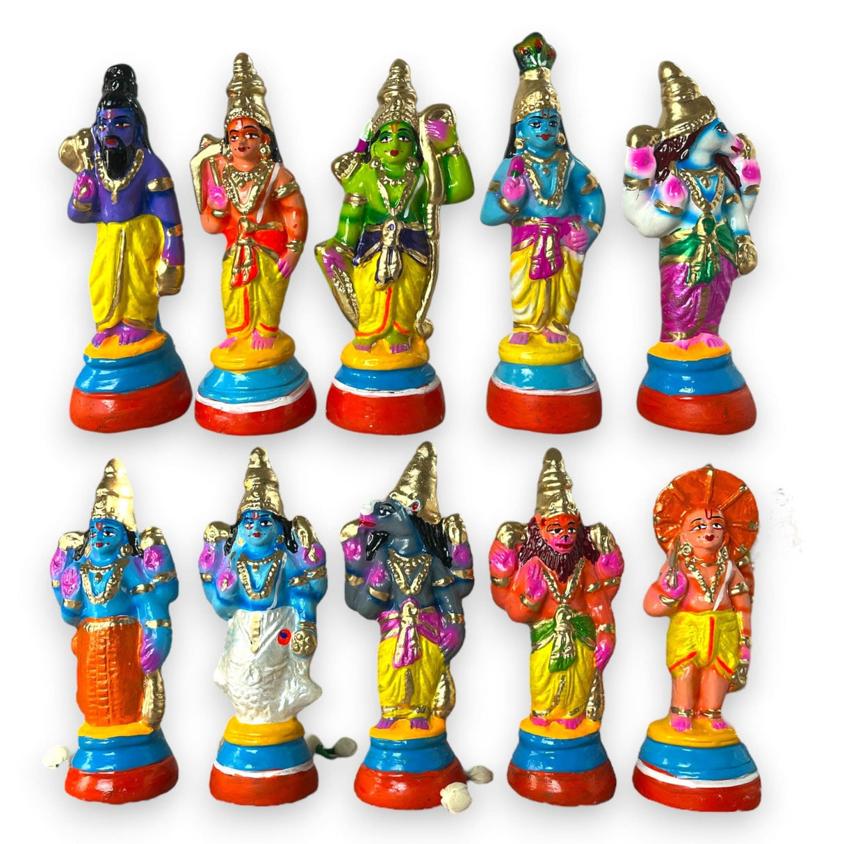 Colorful Hindu deity figurines from Lord Vishnu Dasavathaaram Golu Doll Set