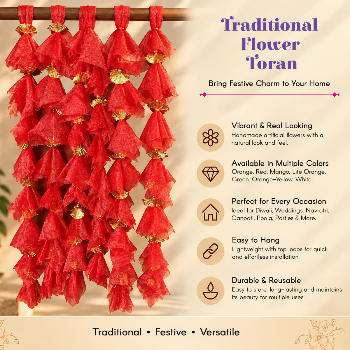 Vibrant red gotta patti net backdrop with handmade artificial flowers and gold fan accents for diwali eid weddings