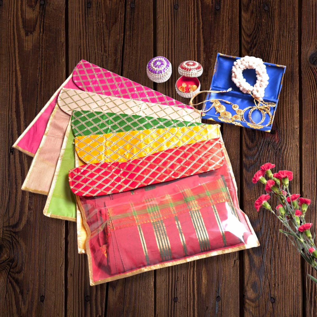 5 Assorted Gotta Patti Saree Bags Lehnga Cover Clothes Organizer Sari Storage Bag for Wardrobe and Gifting Storage Indian Wedding Favor Cloth Case Birthday - LoveNspire