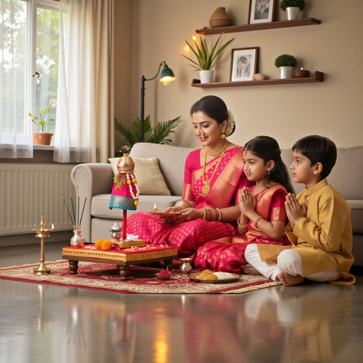Woman in pink gold sari with kids in Gudi Padwa festive hamper scene