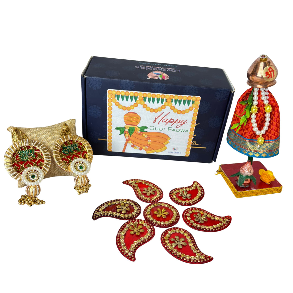 Red gold embellished Gudi Padwa decorative set with 7 inch gudi and rangoli