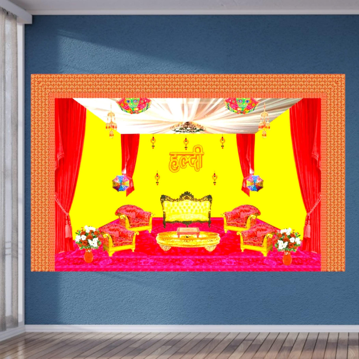 Haldi Ceremony Backdrop Indian Traditional Cloth 5x8 Feet Backdrop Haldi Banner Indian Wall Art Photo Decor Banner Indian Wedding Backdrop Decorative Cloth Haldi Stage Decor - LoveNspire