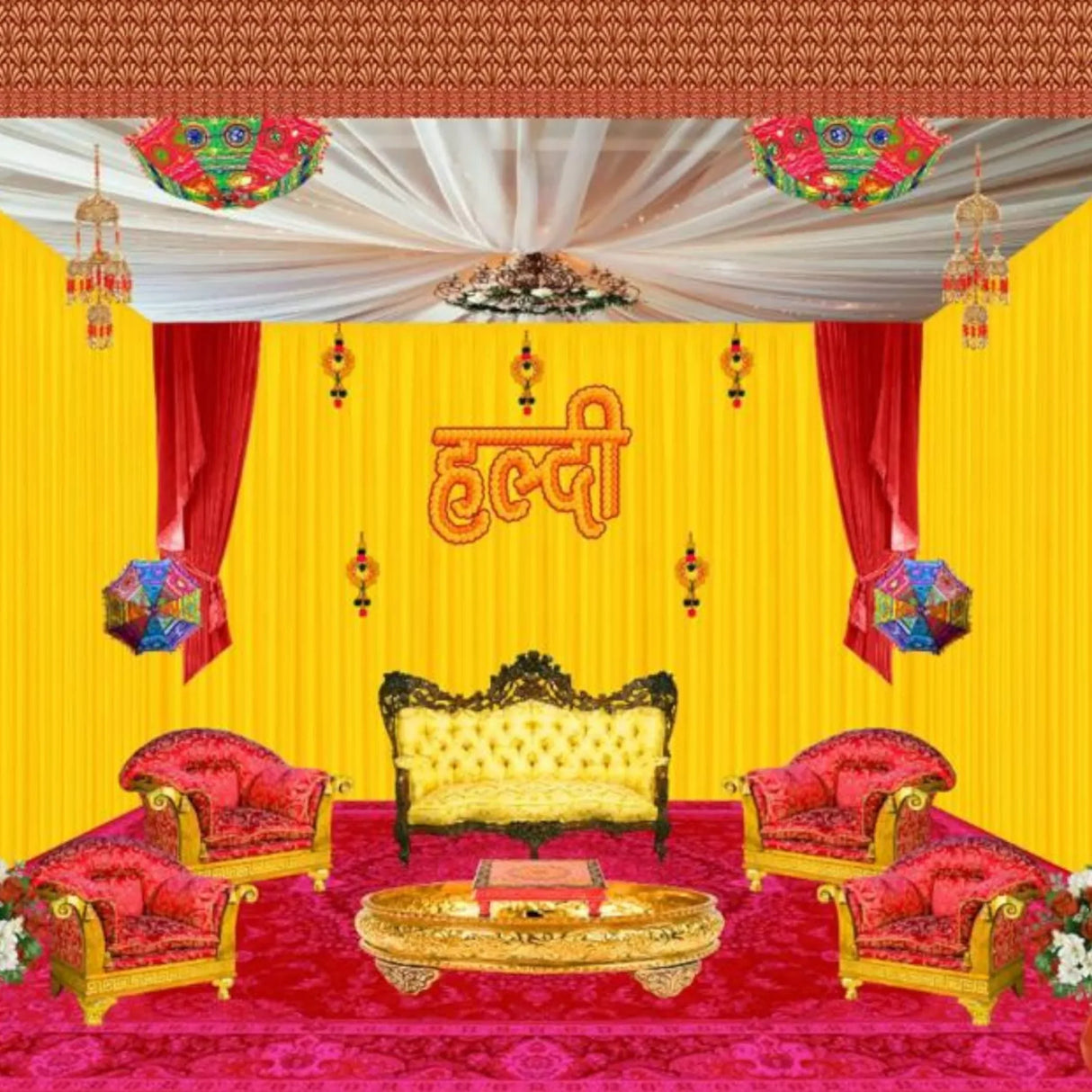 Haldi Ceremony Backdrop Indian Traditional Cloth 5x8 Feet Backdrop Haldi Banner Indian Wall Art Photo Decor Banner Indian Wedding Backdrop Decorative Cloth Haldi Stage Decor - LoveNspire