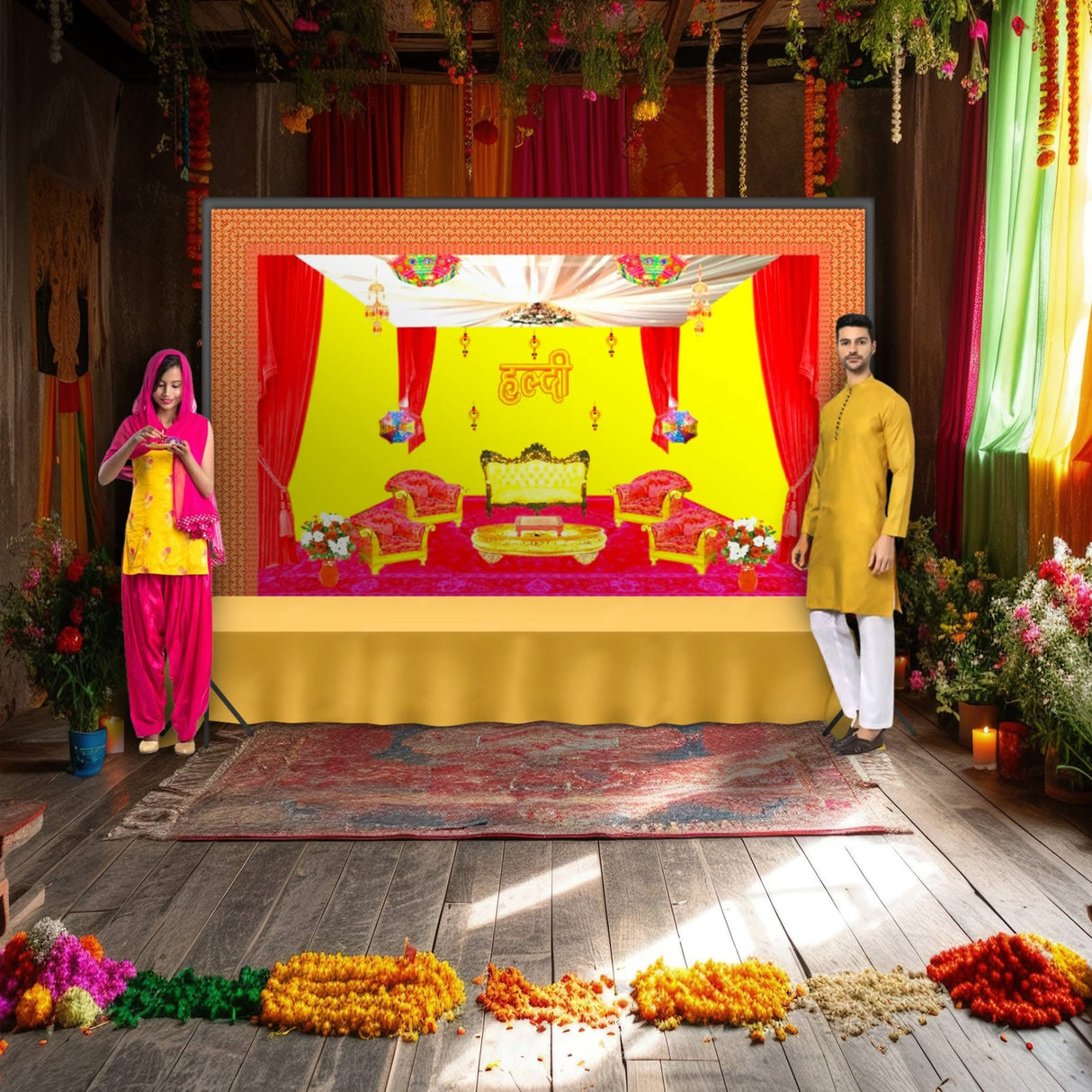 Haldi Ceremony Backdrop Indian Traditional Cloth 5x8 Feet Backdrop Haldi Banner Indian Wall Art Photo Decor Banner Indian Wedding Backdrop Decorative Cloth Haldi Stage Decor - LoveNspire