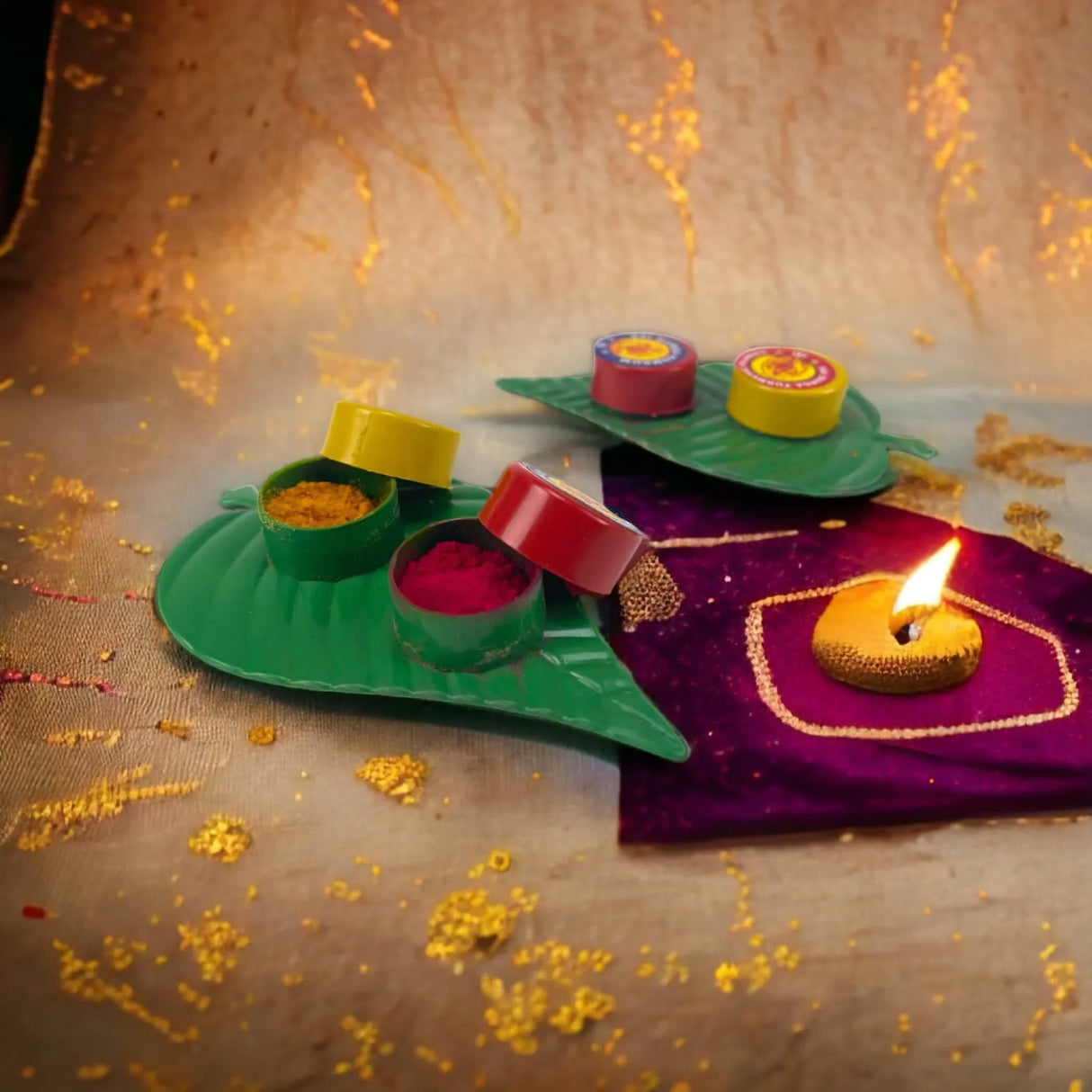 Haldi Kumkum Packet Leaf Set Turmeric Combo Sindoor Dabbi Pooja Item for Indian Wedding, Thamboolam, Housewarming, Havan Temple Decor Festive Essentials Gift - LoveNspire