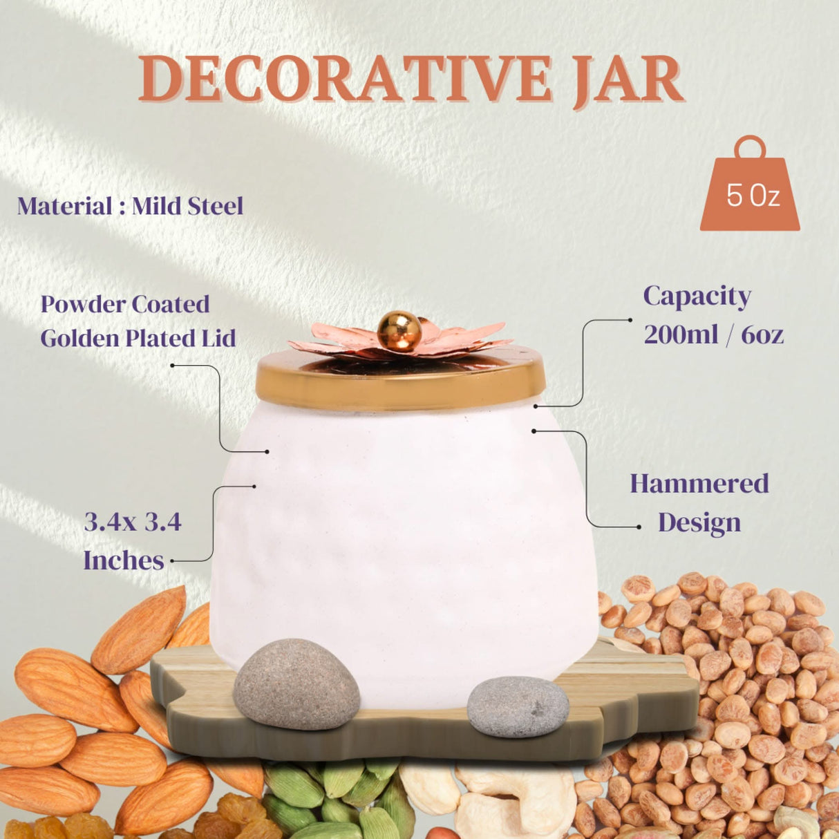 Hammered Mild Steel Polished Dryfruits Jar with Lid Golden Coated Design Decorative Serving Bowls Container Return Gift for Housewarming Wedding Handmade Candy Jar (pack of 1/4/16 - 3.4’) - LoveNspire