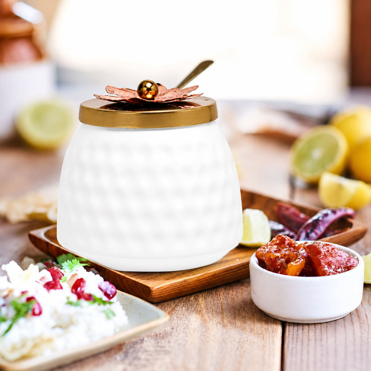 White textured ceramic sugar bowl with gold-toned lid featuring copper lotus flower for decorative serving and gifts