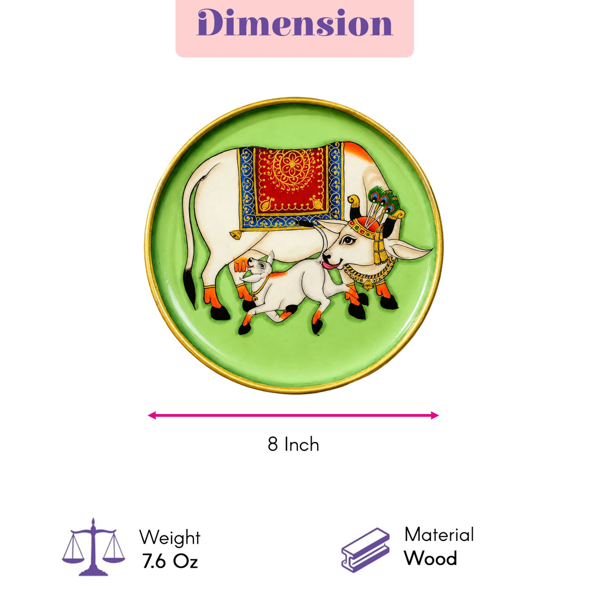 Decorative green wooden plate with gold rim featuring hand painted white cows in red and blue for wall décor