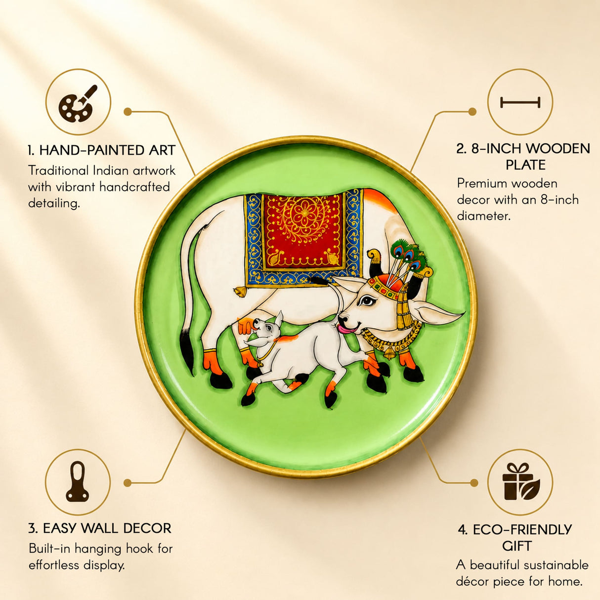 Hand painted indian 8 inch wooden plate featuring white cows with red and gold blankets on green background for wall décor