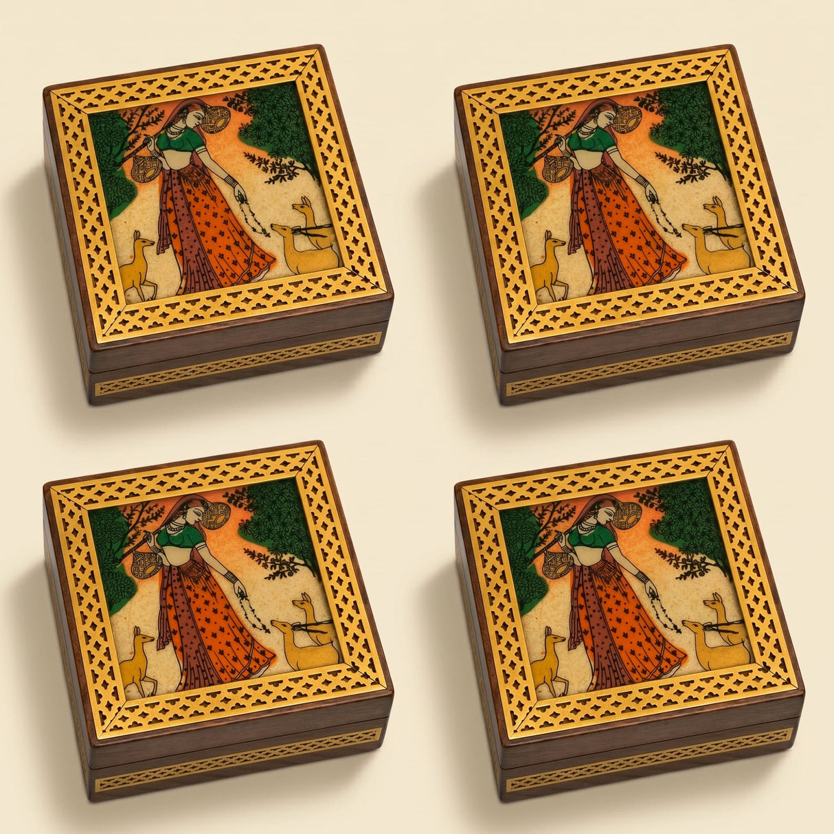 Small handcarved wooden jewelry box with gold lattice borders and hand-painted woman in orange dress with deer design