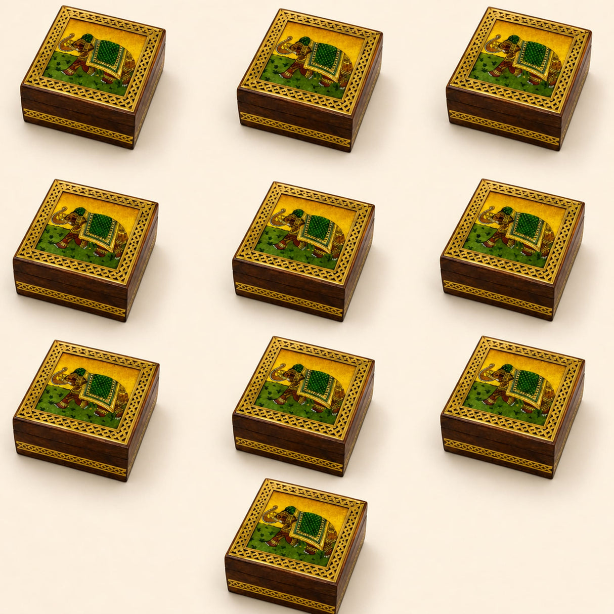 Wooden jewelry box small handcarved decorative storage with gold and green painted elephants on yellow background