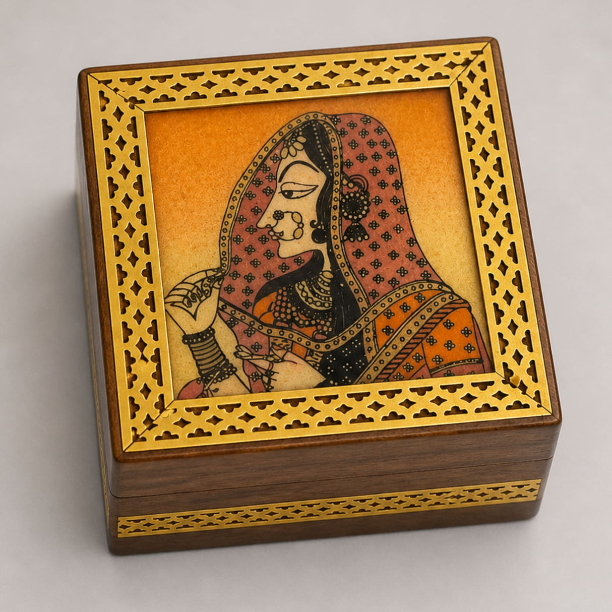 Wooden jewelry box small handcarved decorative storage organizer with intricate gold inlay and painted illustration of a woman