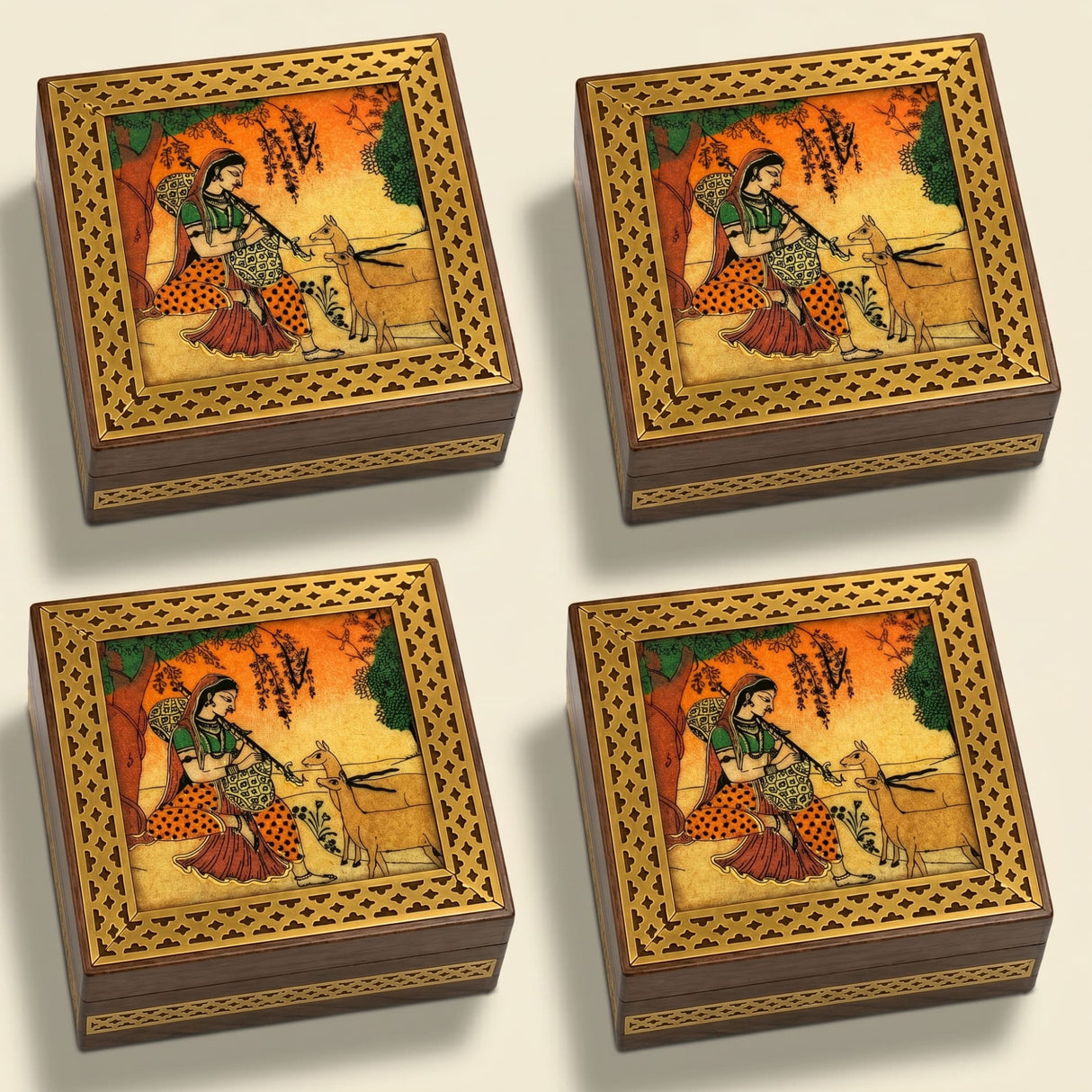 Wooden small handcarved jewelry box with intricate gold filigree and hand-painted woman playing flute design