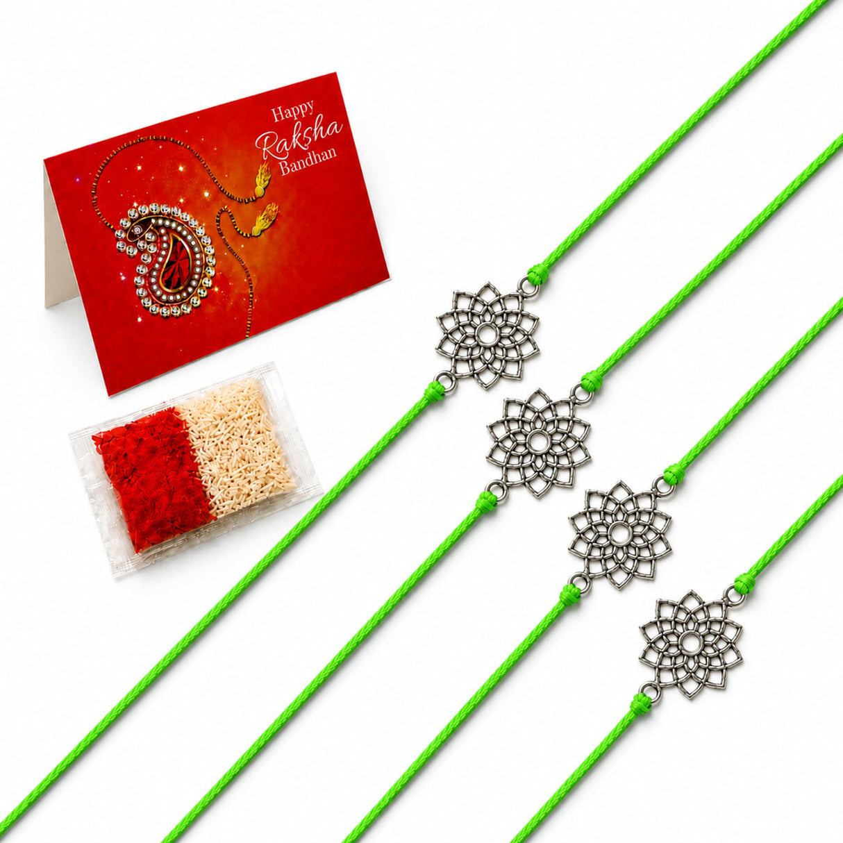 Four neon green cord designer lotus charm rakhis with silver toned floral metal charms for raksha bandhan gift