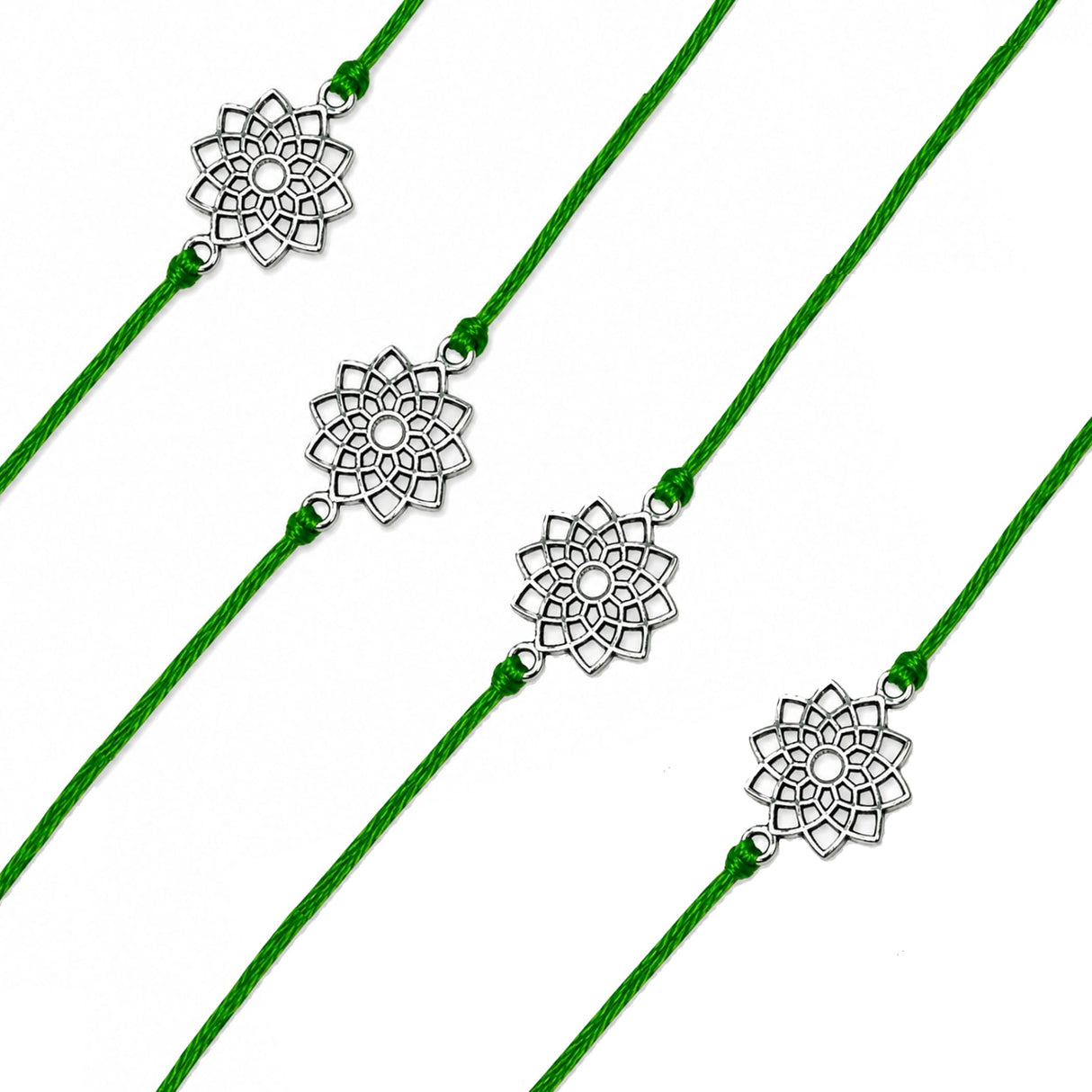 Four green cord designer lotus charm rakhis with silver-toned floral pendants for raksha bandhan protection gift