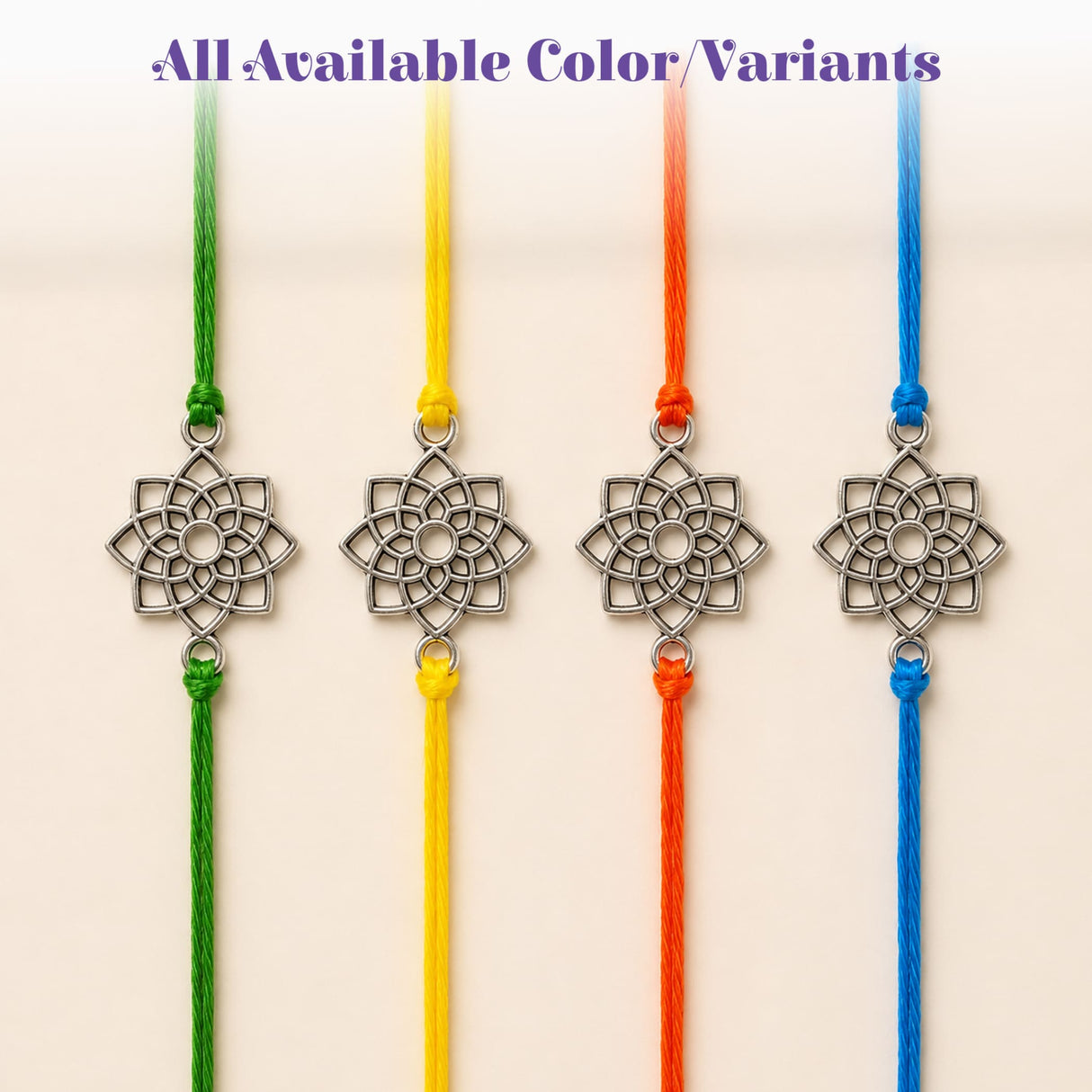 Silver lotus shaped pendant on colorful cord in designer lotus charm rakhi bracelet for raksha bandhan gift and protection