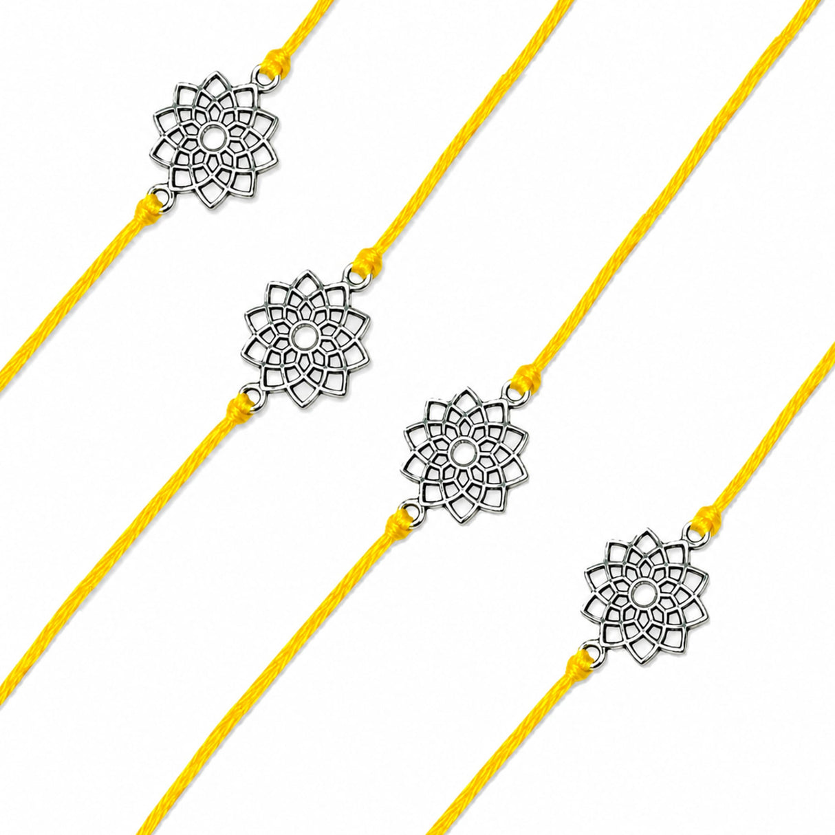 Designer lotus charm rakhi with silver filigree flower charms on bright yellow cord bracelets for raksha bandhan gift