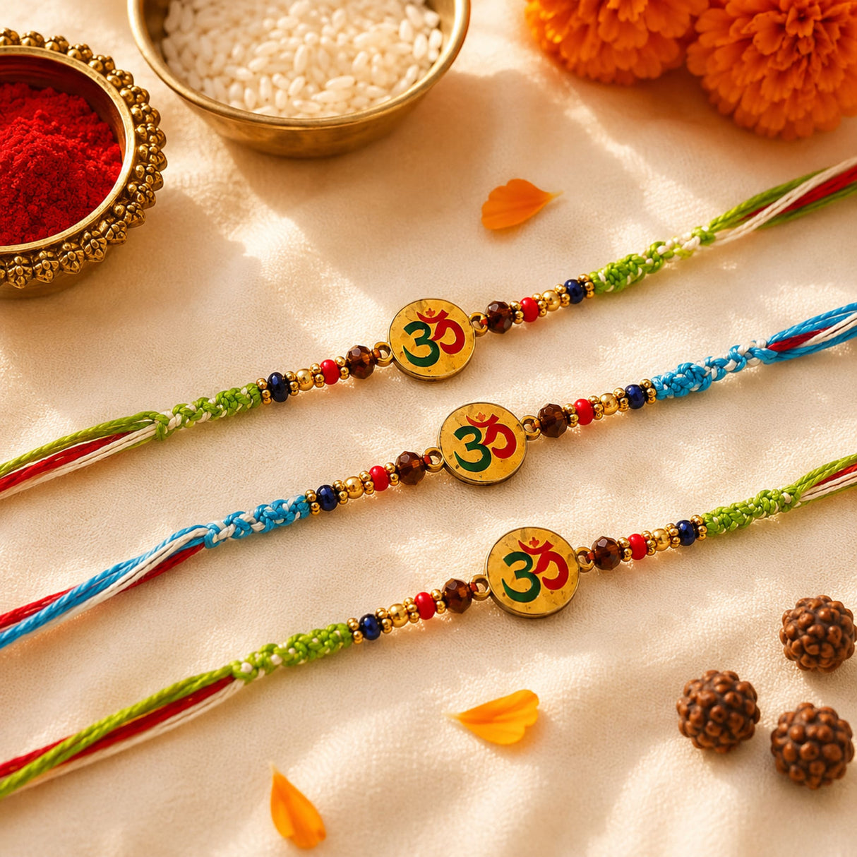 Three colorful handcrafted religious om rakhi bracelets with golden om charms and beads for raksha bandhan gift