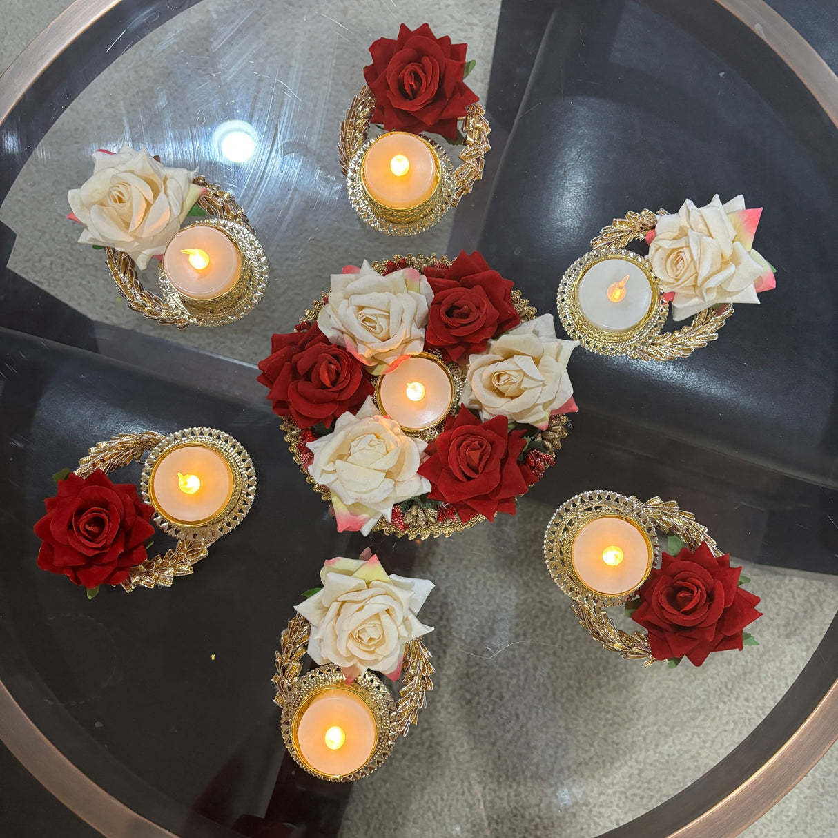 Rose Tea Light Candle Holder Diwali Decoration Rangoli Candle Holder Onam Pongal Rangoli Floor Decor Centerpiece Tealight Festive Decor Indian Return Housewarming Deepavali Gifts (set of 7) - LoveNspire