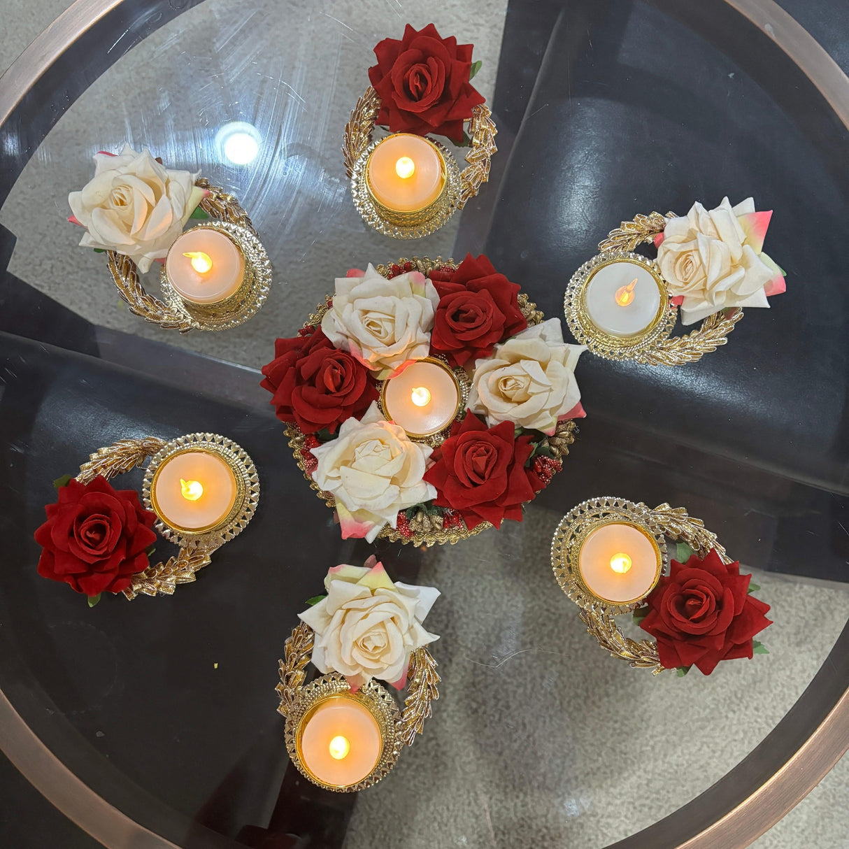 Rose Tea Light Candle Holder Diwali Decoration Rangoli Candle Holder Onam Pongal Rangoli Floor Decor Centerpiece Tealight Festive Decor Indian Return Housewarming Deepavali Gifts (set of 7) - LoveNspire
