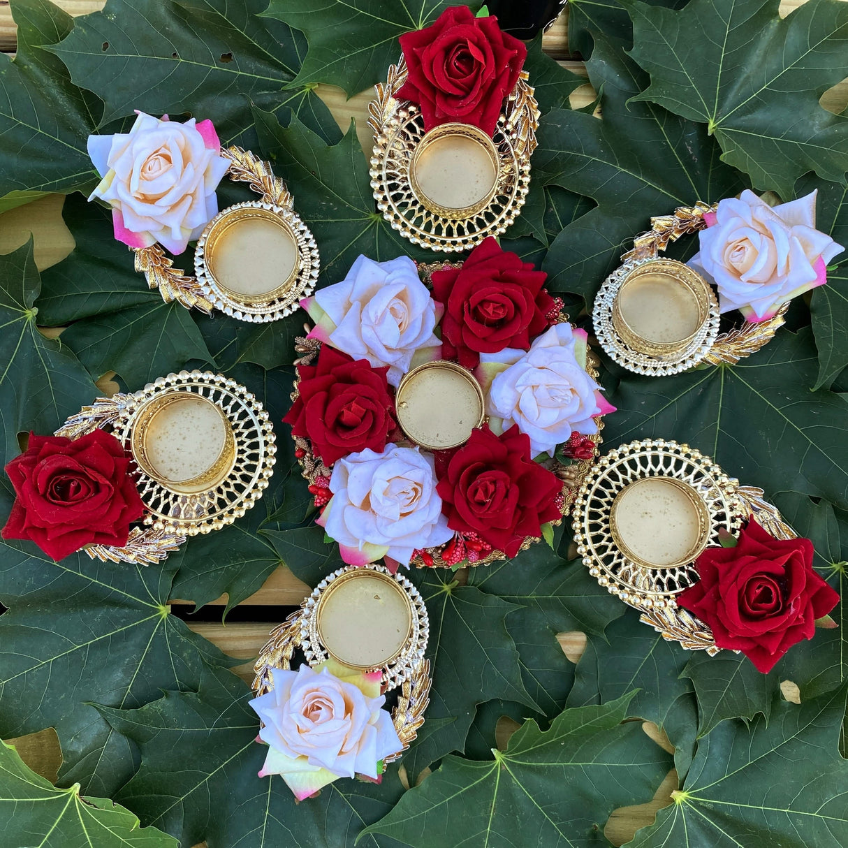 Rose Tea Light Candle Holder Diwali Decoration Rangoli Candle Holder Onam Pongal Rangoli Floor Decor Centerpiece Tealight Festive Decor Indian Return Housewarming Deepavali Gifts (set of 7) - LoveNspire