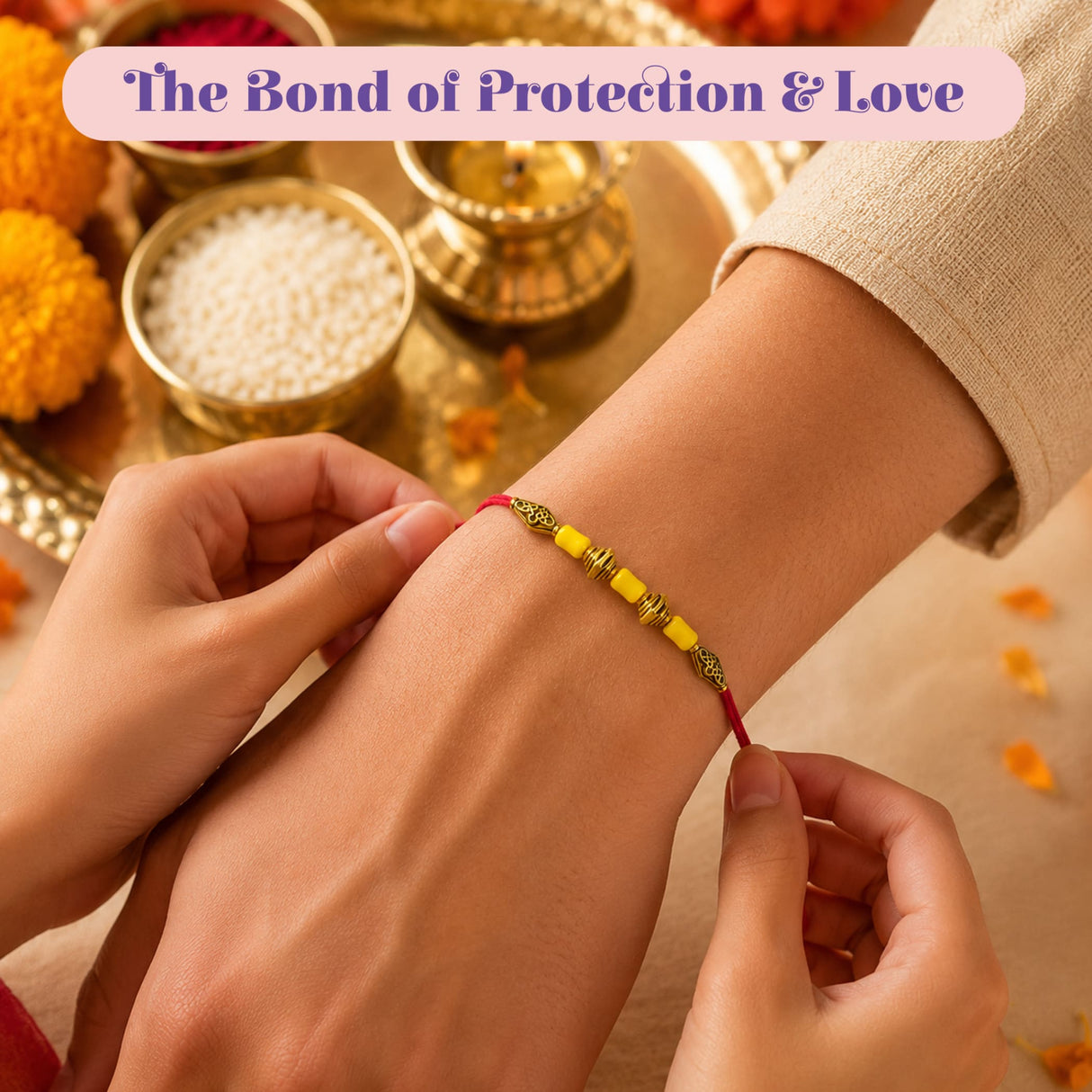 A vibrant red handmade rakhi with golden ornate beads and yellow accents worn on wrist from assorted designer set