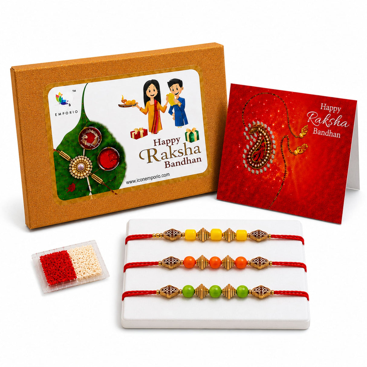Set of three handmade traditional gold-toned rakhi bracelets with red cords and colorful bead accents for Raksha Bandhan