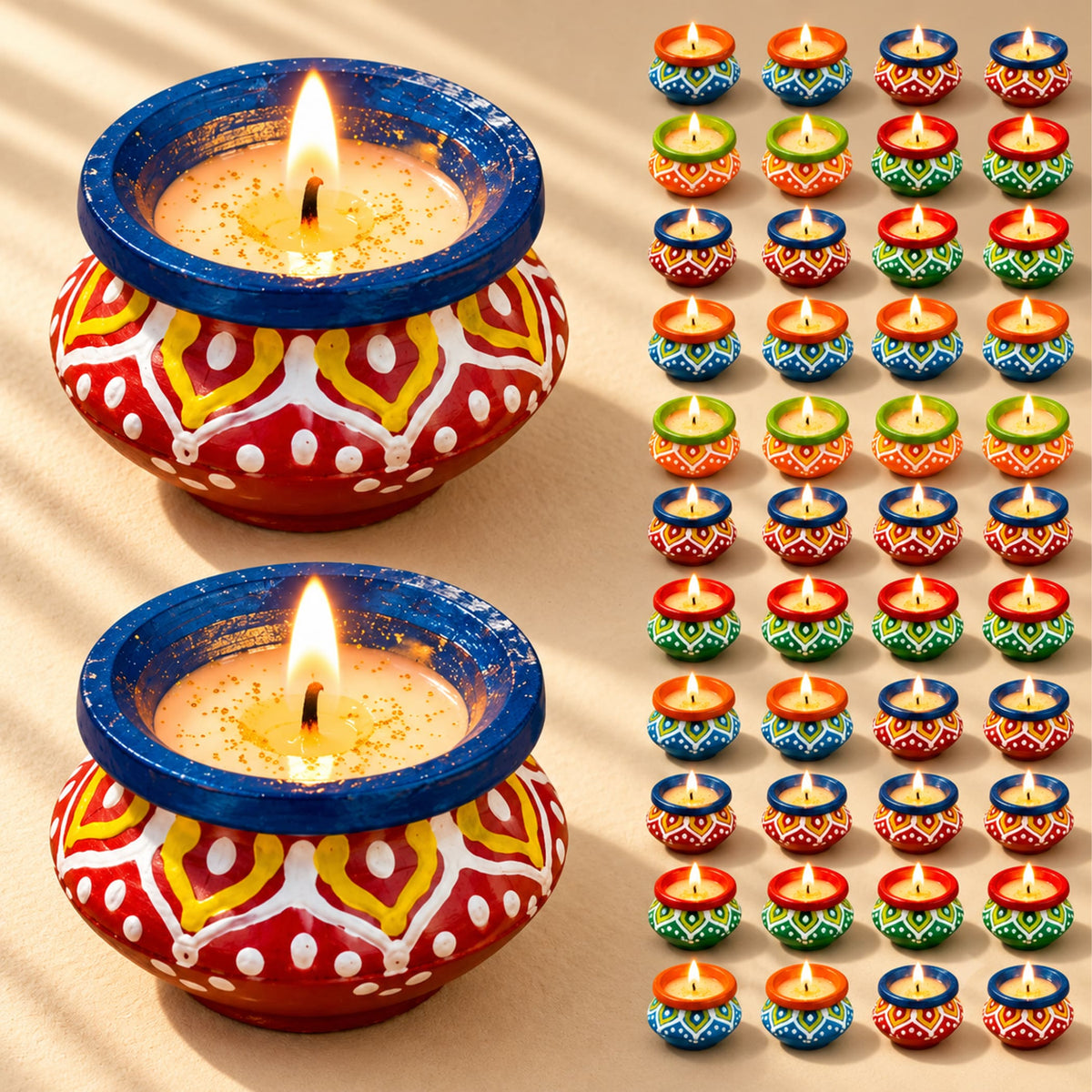 Handmade clay matki diya filled with wax for Diwali pooja featuring vibrant red yellow and blue colors with white patterns