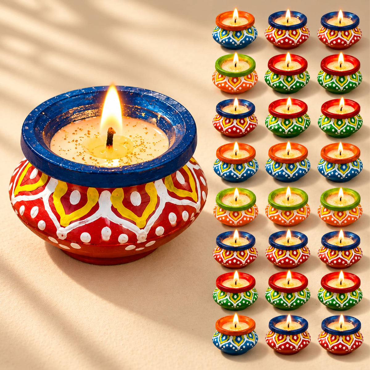 Handmade vibrant red and yellow clay matki diya with blue rim filled with wax for Diwali pooja and home decor