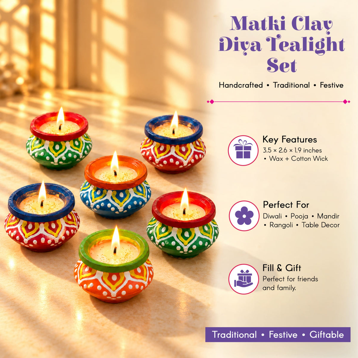 Handmade clay matki diya tealight holders with vibrant geometric patterns in green red blue and orange for Diwali pooja