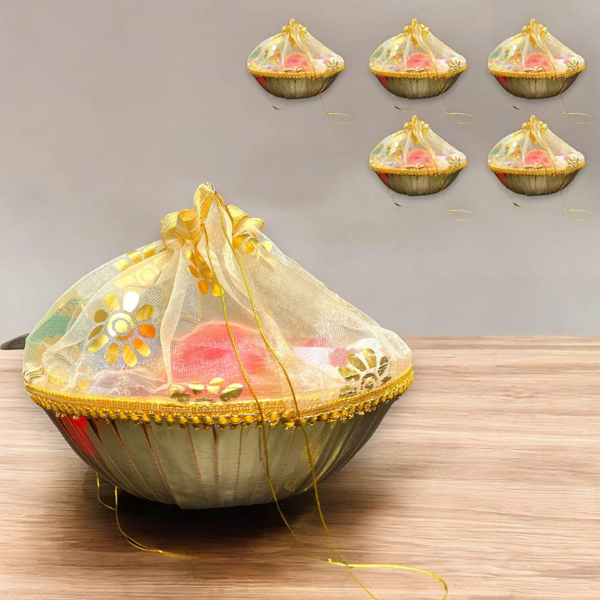 5ct - 6inch Handmade Decorated Gift Basket with Readymade Net Packing for Indian Wedding Baby Shower Engagement Diwali Housewarming Return Gifts - Baskets for Storage - LoveNspire