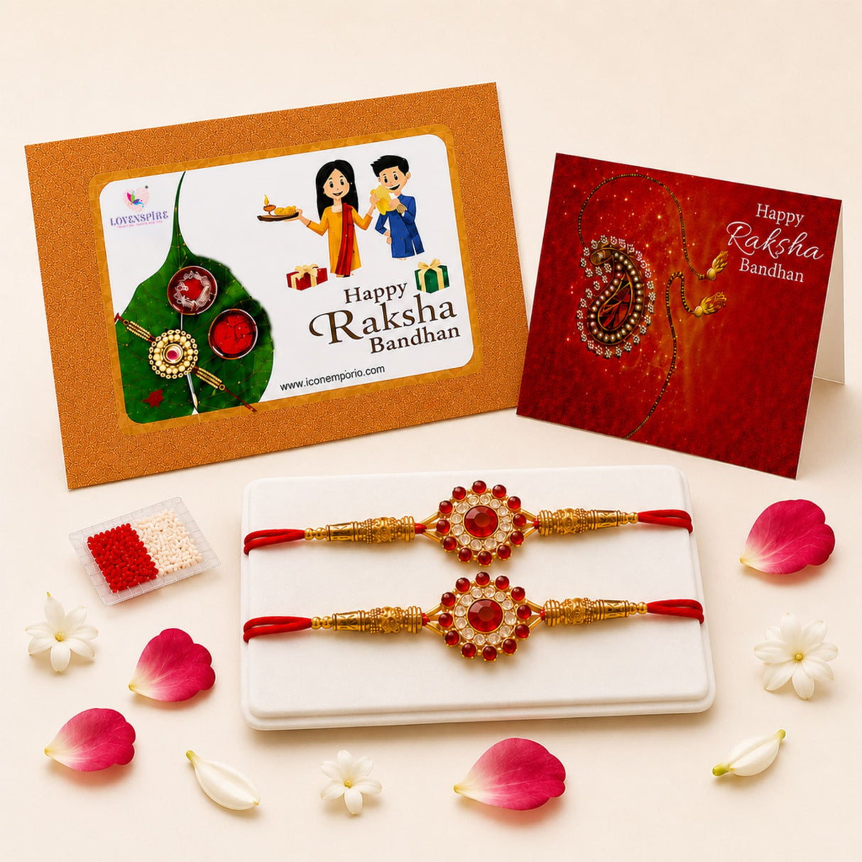 Gold-colored rakhi with red beads and central red gemstone surrounded by clear stones in designer set for brother and bhabhi