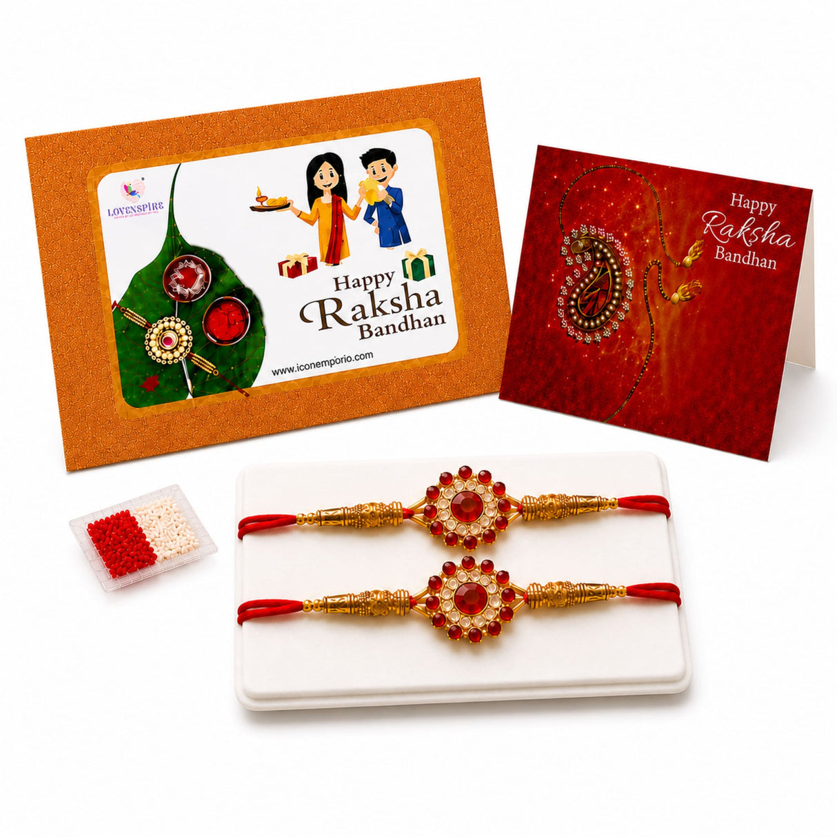 Gold-colored designer rakhi with red beads and central red gemstone in traditional handmade bracelet set for raksha bandhan gift