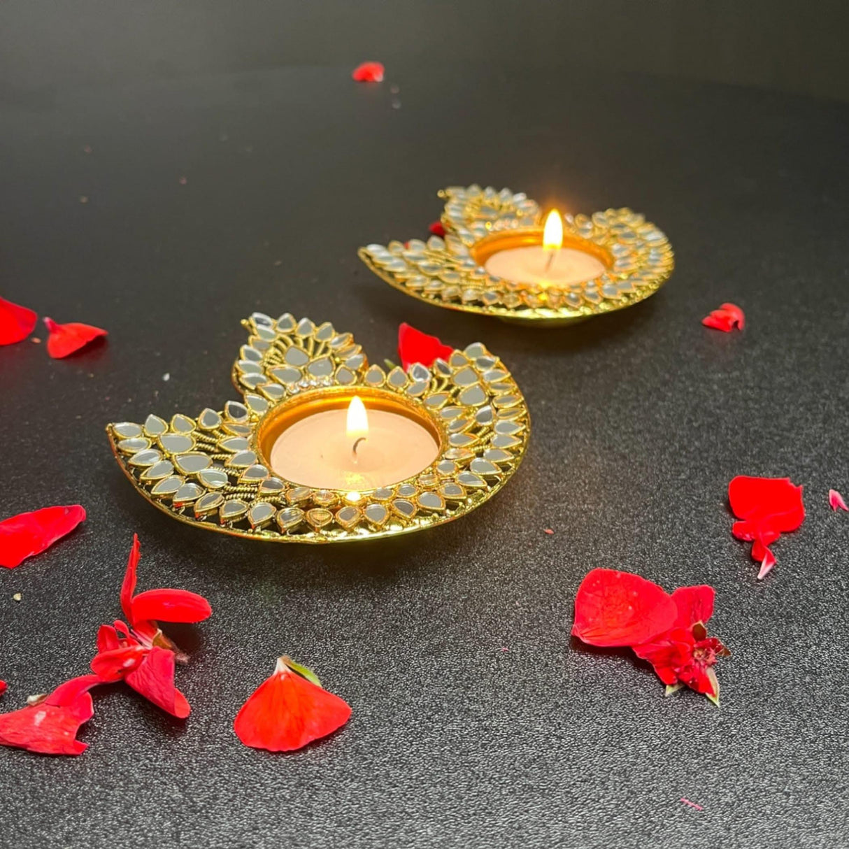 Metal Diya-shaped Candle Holder Decorative T-light Candle Holder with Glass Work Diwali Diya for Puja Kuthu Vilakku Home Temple Decor Deepawali Decoration Lantern Housewarming Return Gift - LoveNspire