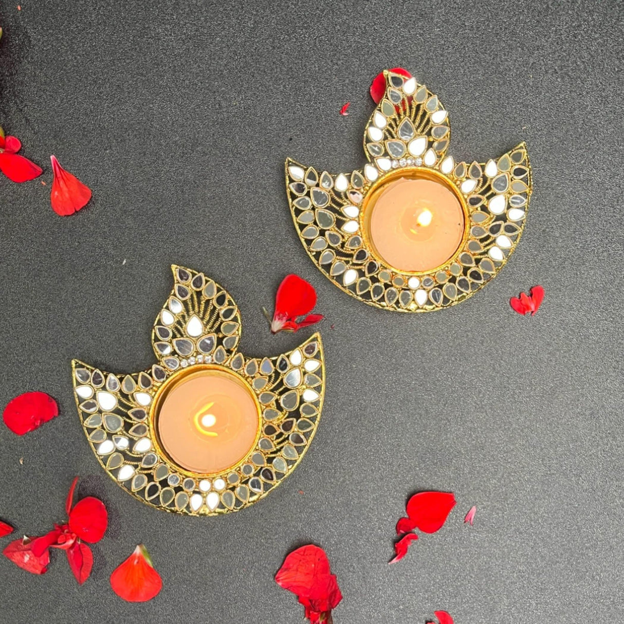 Metal Diya-shaped Candle Holder Decorative T-light Candle Holder with Glass Work Diwali Diya for Puja Kuthu Vilakku Home Temple Decor Deepawali Decoration Lantern Housewarming Return Gift - LoveNspire