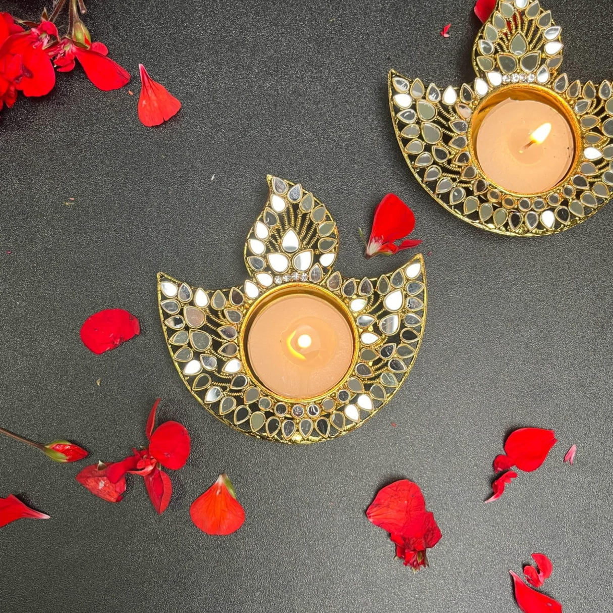 Metal Diya-shaped Candle Holder Decorative T-light Candle Holder with Glass Work Diwali Diya for Puja Kuthu Vilakku Home Temple Decor Deepawali Decoration Lantern Housewarming Return Gift - LoveNspire