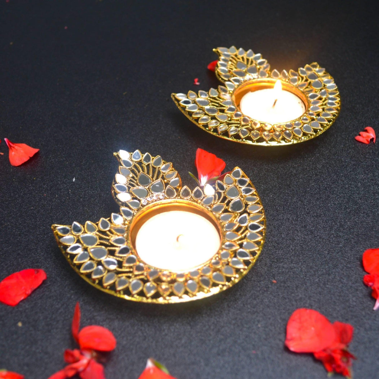 Metal Diya-shaped Candle Holder Decorative T-light Candle Holder with Glass Work Diwali Diya for Puja Kuthu Vilakku Home Temple Decor Deepawali Decoration Lantern Housewarming Return Gift - LoveNspire