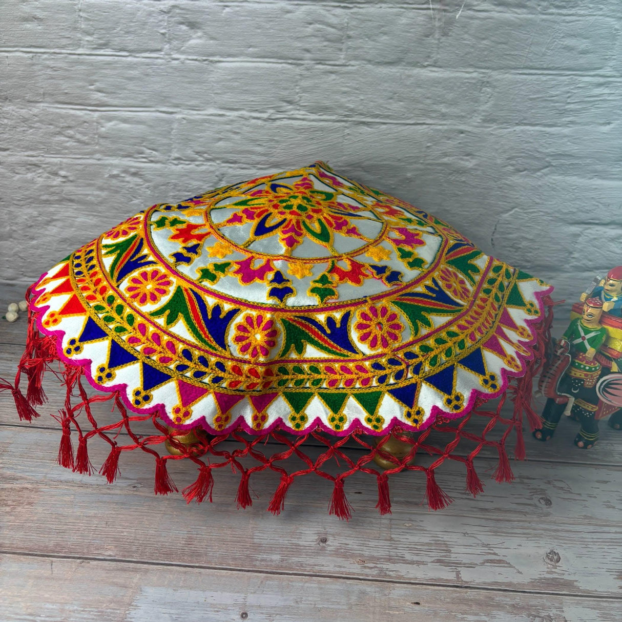 Handmade Indian Woolen Embroidery 2 Pcs Pooja Thali Cover Multipurpose Prasad Thal Posh Wedding Ceremony Decoration Puja Table Chowki Assan Kharwachuth Thali Cover Aasan Gift - LoveNspire