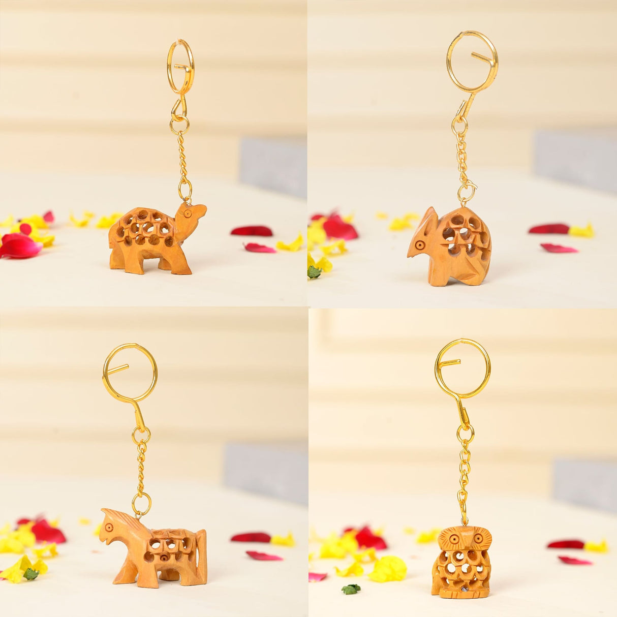 4Pc Wooden Keychain Egle Owl Rabbit Camel Horse Amulet Keyring Door Car Key Chains Key Holder for Thanksgiving - LoveNspire