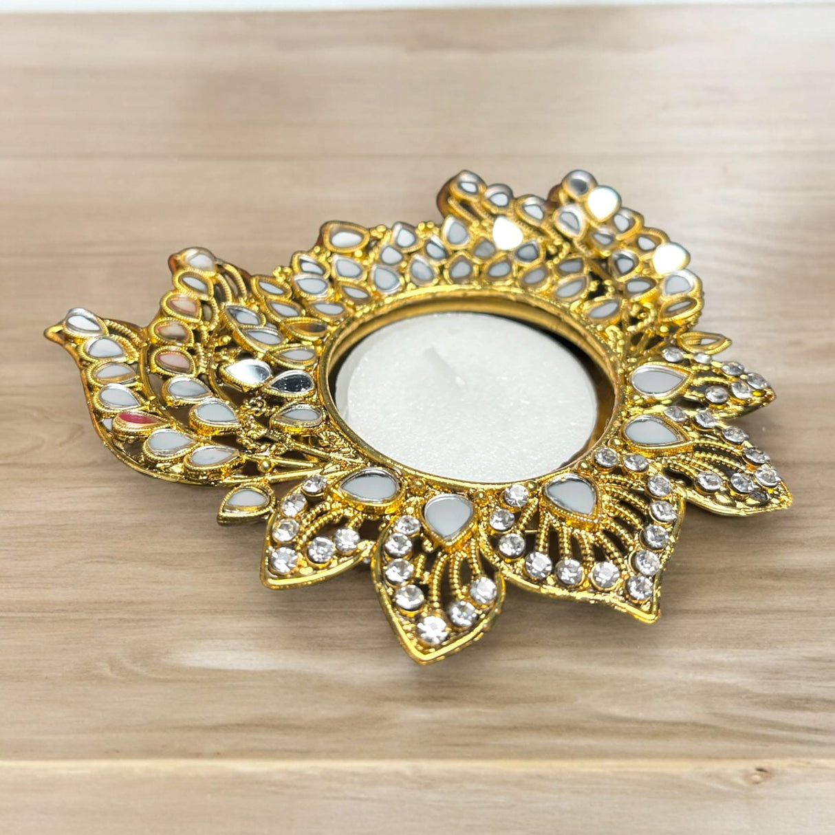 Metal Lotus Candle Holder – Decorative T-Light Holder with Glass Accents, Diwali Diya for Puja, Kuthu Vilakku, Home Temple Decor, Deepawali Decoration, Lantern, Housewarming Return Gift - LoveNspire