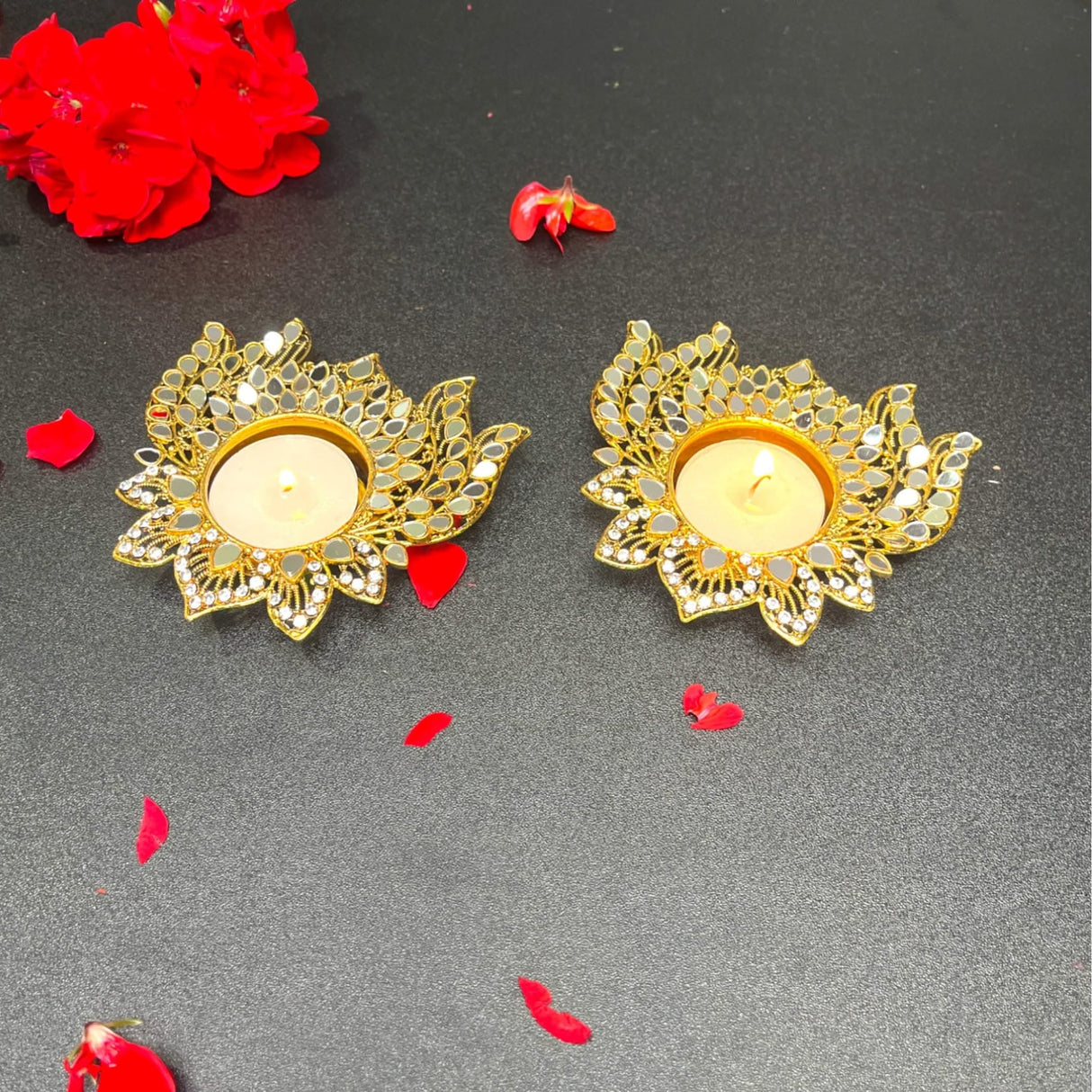 Metal Lotus Candle Holder – Decorative T-Light Holder with Glass Accents, Diwali Diya for Puja, Kuthu Vilakku, Home Temple Decor, Deepawali Decoration, Lantern, Housewarming Return Gift - LoveNspire