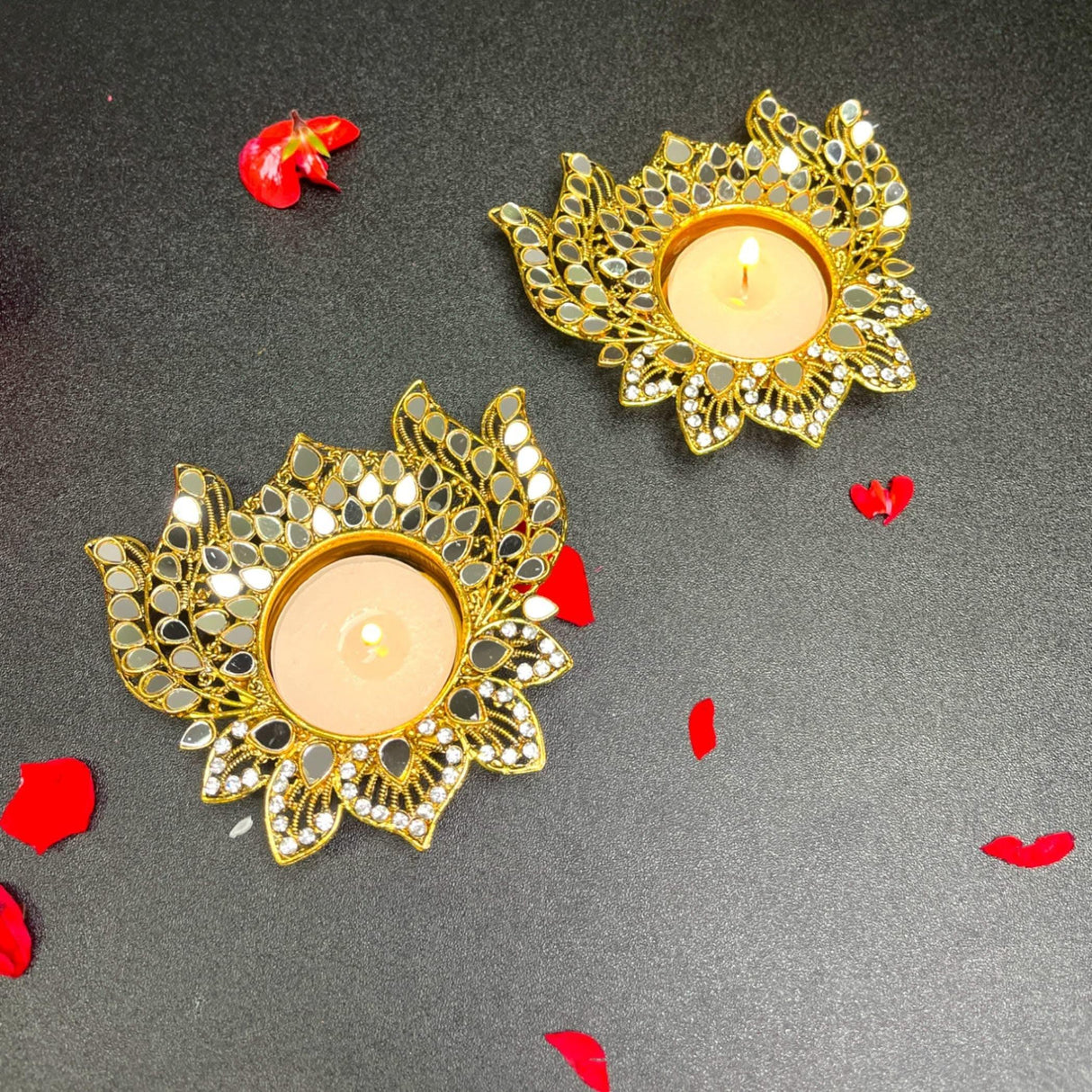 Metal Lotus Candle Holder – Decorative T-Light Holder with Glass Accents, Diwali Diya for Puja, Kuthu Vilakku, Home Temple Decor, Deepawali Decoration, Lantern, Housewarming Return Gift - LoveNspire