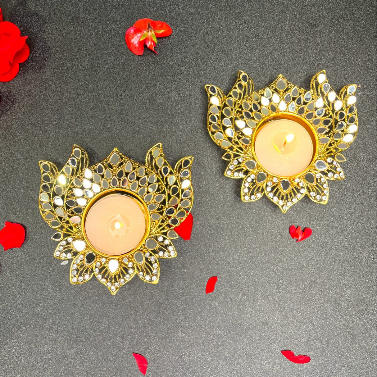 Metal Lotus Candle Holder – Decorative T-Light Holder with Glass Accents, Diwali Diya for Puja, Kuthu Vilakku, Home Temple Decor, Deepawali Decoration, Lantern, Housewarming Return Gift - LoveNspire