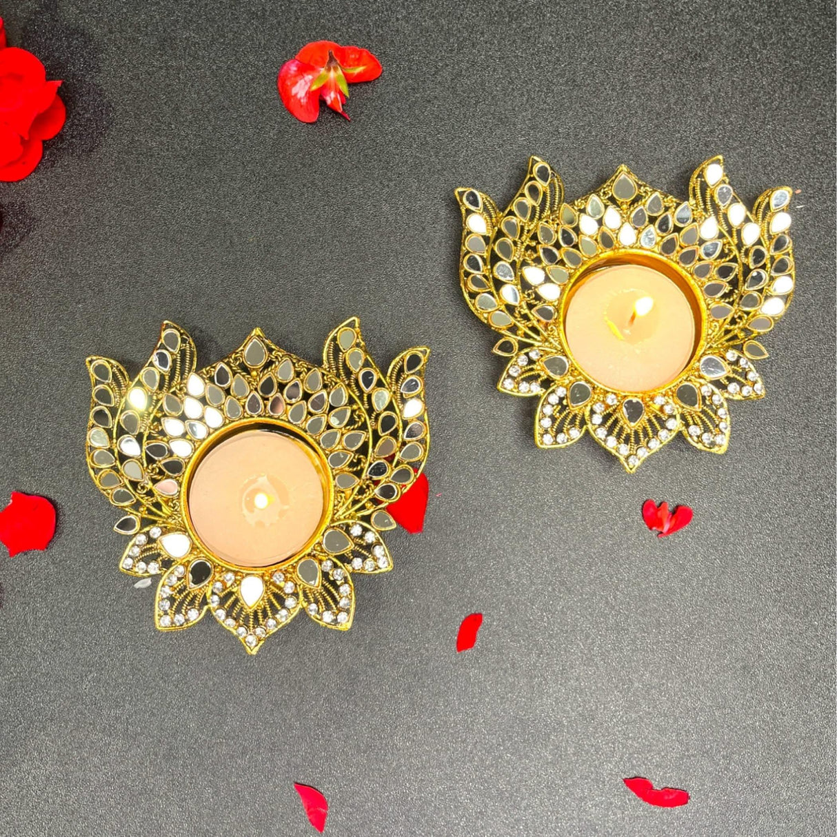 Metal Lotus Candle Holder – Decorative T-Light Holder with Glass Accents, Diwali Diya for Puja, Kuthu Vilakku, Home Temple Decor, Deepawali Decoration, Lantern, Housewarming Return Gift - LoveNspire