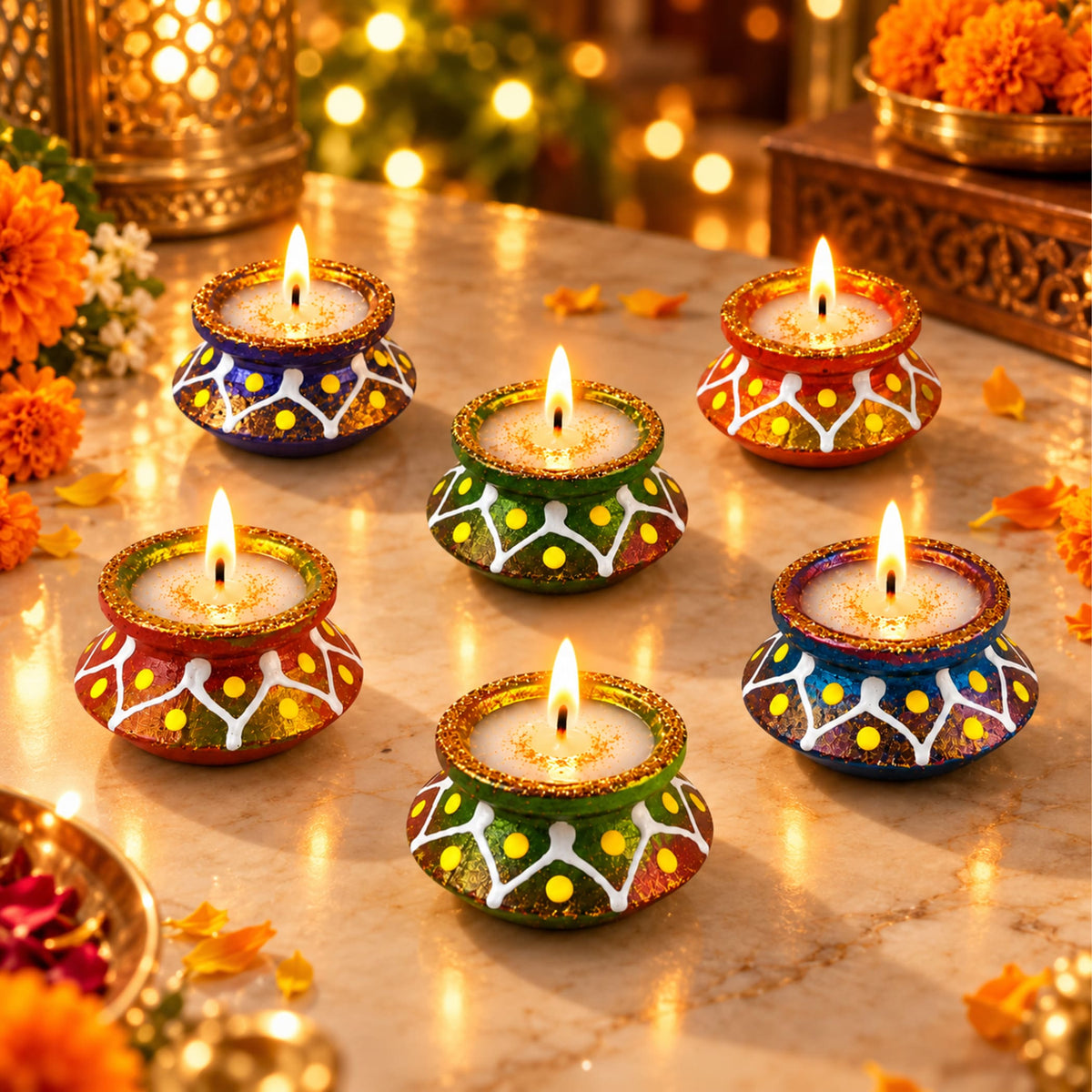 Handmade clay matki diya in colorful hand-painted ceramic with gold rims and white geometric patterns for diwali pooja